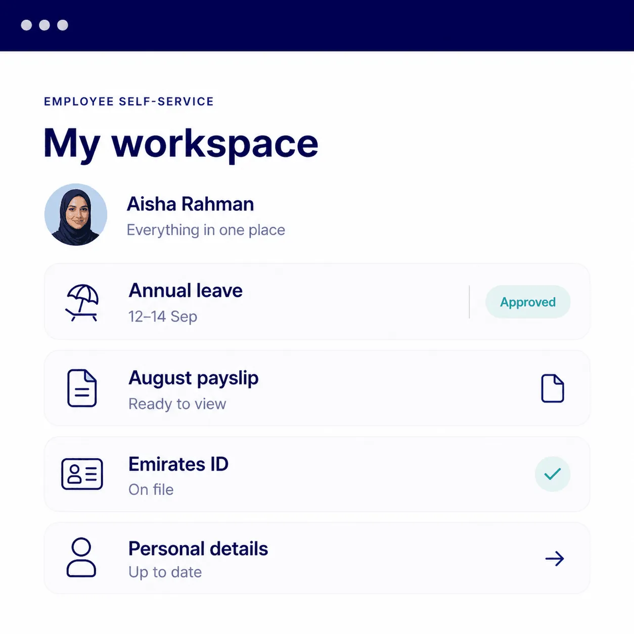 Wurxa employee app: approved annual leave, the August payslip and Emirates ID on file